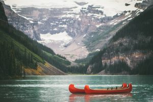 Canoe on mountain lake